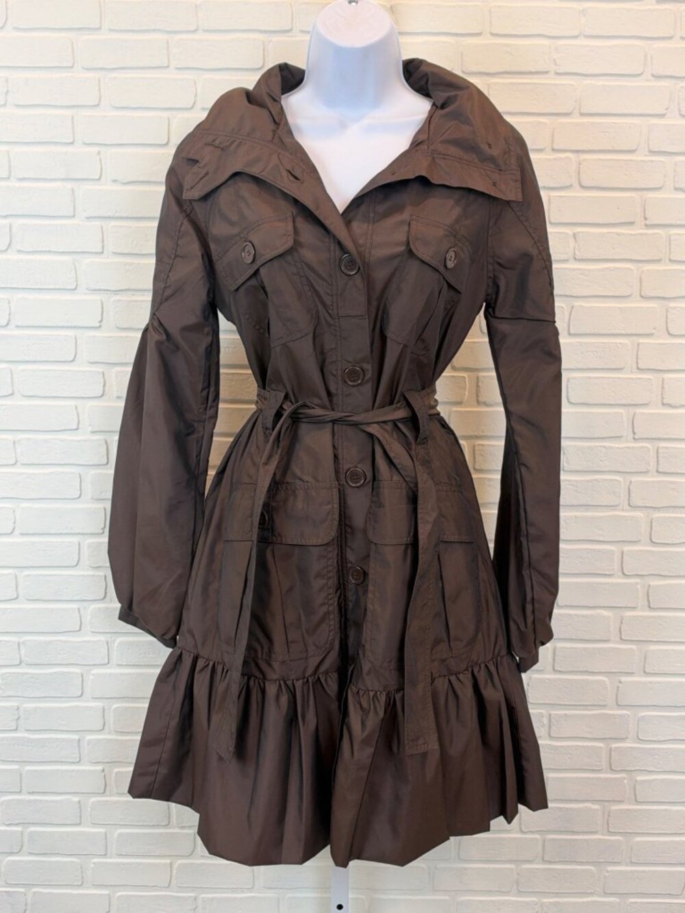 Tulle Jacket Gathered Taffeta Belted Ruffle Hem Brown S